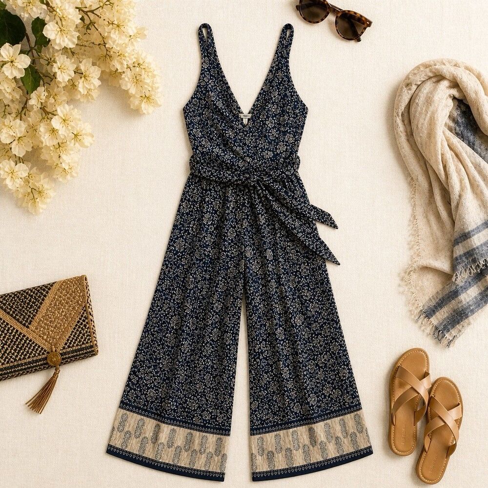 Wide Leg Boho Jumpsuit Paisley Black Tan Tie Waist Festival Resort Cooling Small